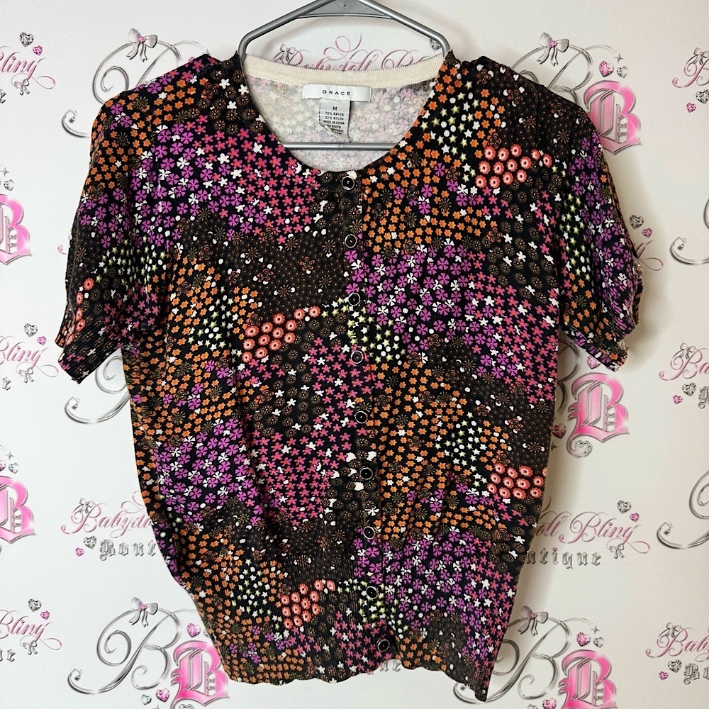 Grace Women's Vibrant Floral Blouse button up flowers multicolor bright vibrant